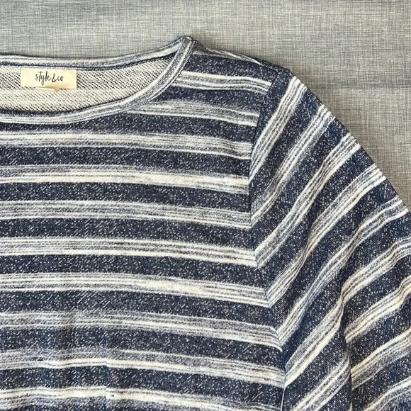 Style & Co Blue & White Stripe Drawstring Hem Sweatshirt Top Size Medium - Picture 3 of 5